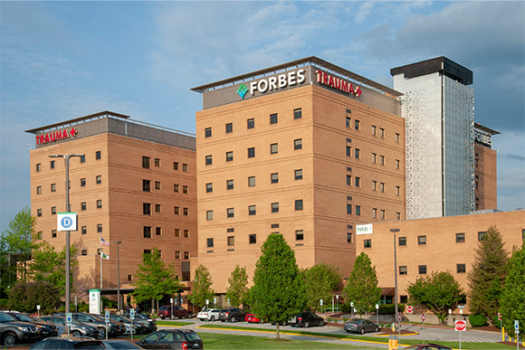 Forbes Hospital view with trauma signage