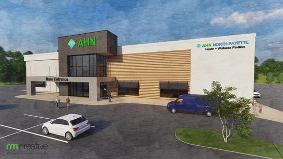 A concept of AHN North Fayette Health and Wellness Pavilion's entrance and parking lot.