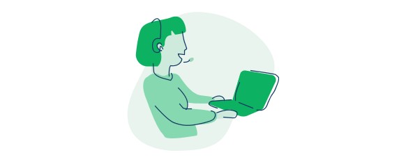 An illustration of a healthcare professional using a laptop talking to someone on the headset via the headset that she is wearing.