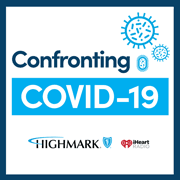 A graphic the text "Confronting Covid-19" along with an illustration of a germ as well as the Highmark Health and iHeart Radio logos.