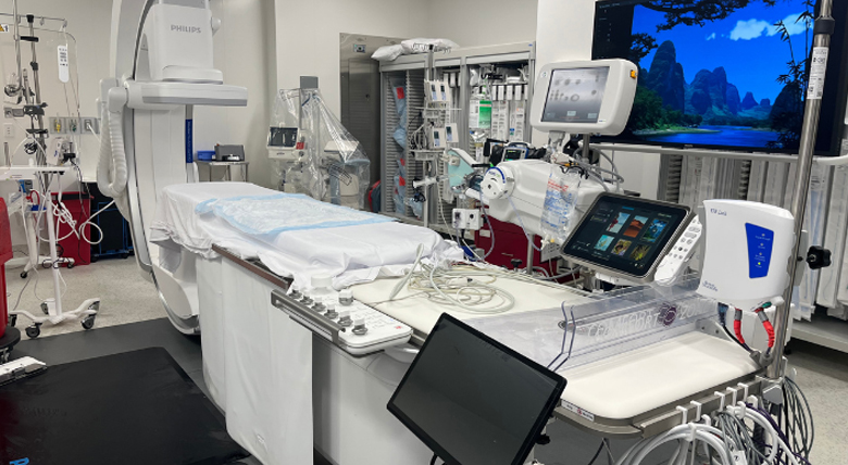 A hospital room has medical machines, a bed, and a large screen showing a nature scene.