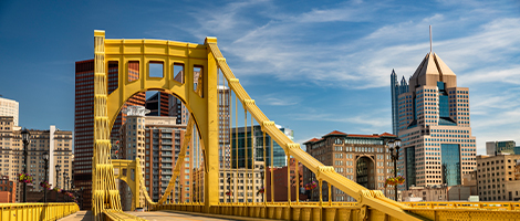 A view of Pittsburgh skyline and from the north side of the Andy Warhol bridge.
