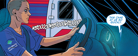 An EMS driver from the Marvel's graphic novel The Vitals - True Nurse Stories driving an ambulance.