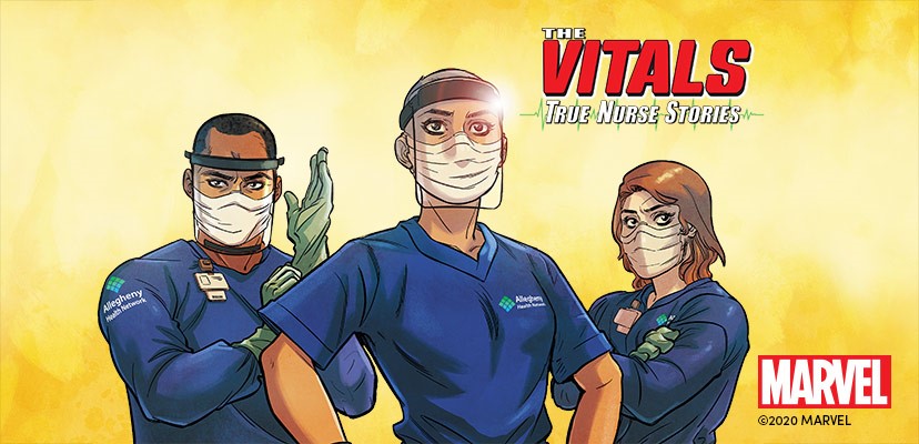 The three featured nurses from the Marvel's graphic novel The Vitals - True Nurse Stories standing in a superhero pose.
