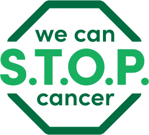 A green stop sign-shaped logo with "we can S.T.O.P. cancer" written in white and green.