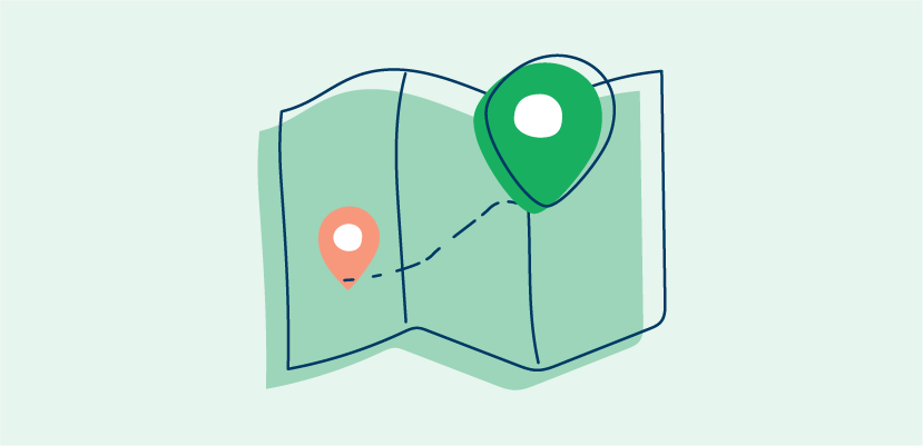 An illustration of a map with a start and a finish pin on it.
