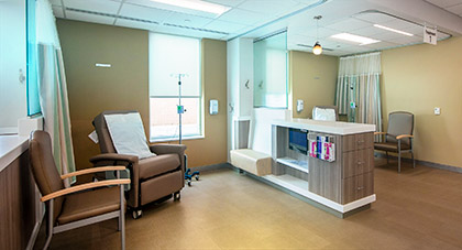 A view of a sunlit chemotherapy room