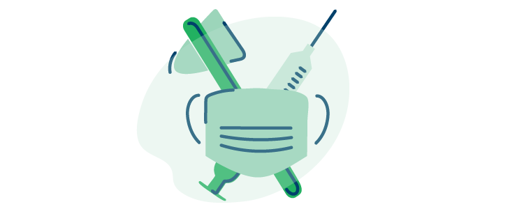 An illustration of a syringe and a tongue depressor behind a surgery mask. 