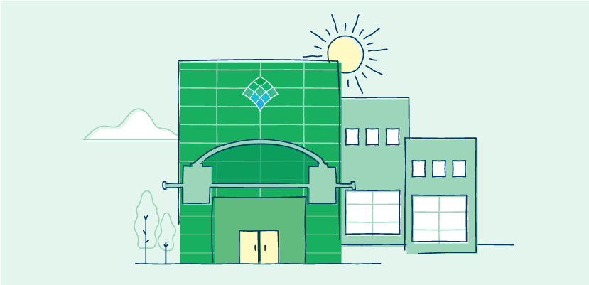 An illustration of Allegheny Hospital building entrance on sunny day.