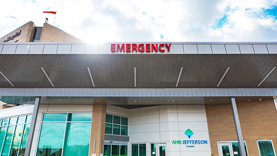 A view of the entrance to AHN Jefferson Hospital's Emergency Room.