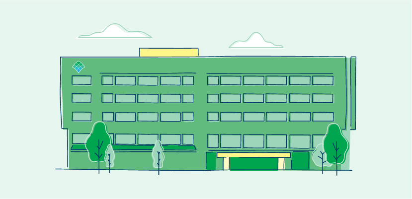 An illustration of Jefferson Hospital building entrance on cloudy day.