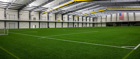 A view of an indoor soccer field.
