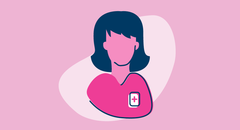 Illustration of a nurse with dark hair wearing pink scrubs.