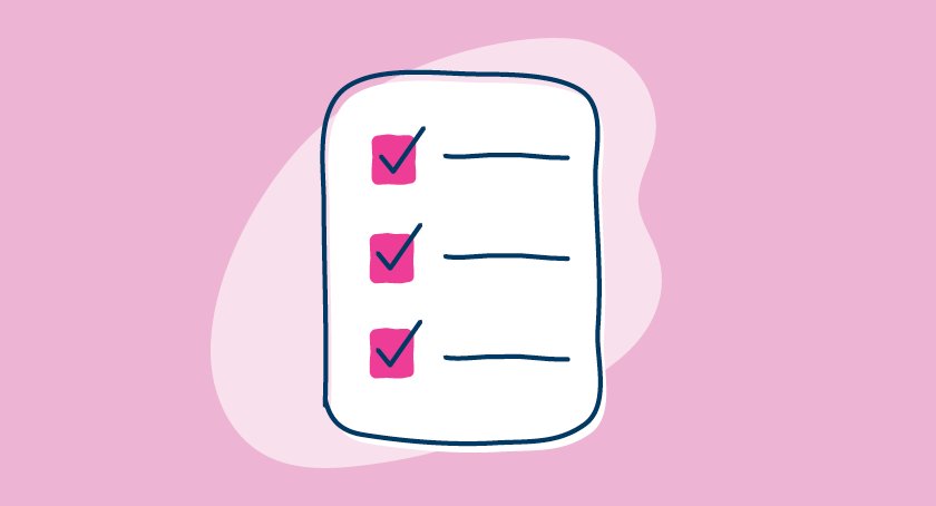 Pink and white illustration of a safety checklist for mammograms