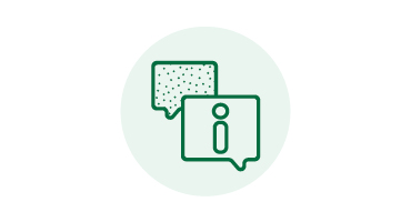 An icon of two green speech bubbles with dots and an info symbol on a light green circle.