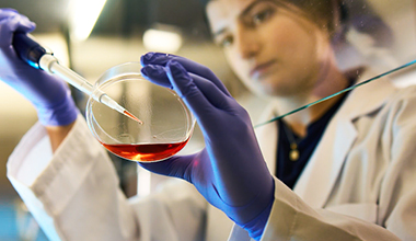 A researcher in a lab coat working with a petri dish.
