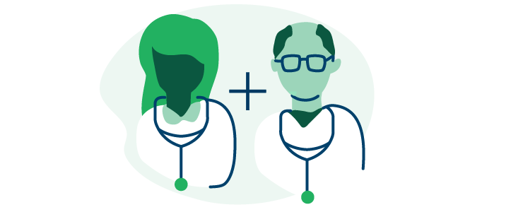 An illustration of two autoimmune doctors with a plus sign in-between them.