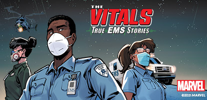 Three emergency service  professionals from the Marvel's graphic novel The Vitals - True Nurse Stories standing in a super hero pose.
