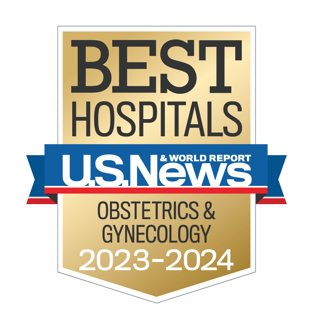 A graphic with a U.S. News: Best Hospitals - Obstetrics & Gynecology 2022-23 badge on a AHN green background.