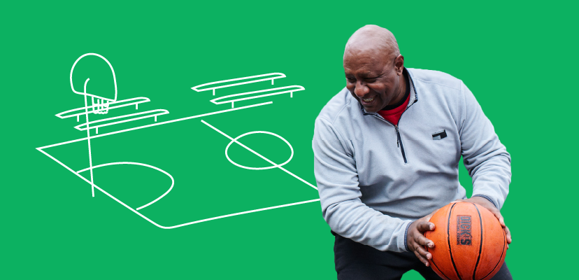 o A man holding a basketball on a green background with an illustration of a basketball court and a brick wall with a heart in it.