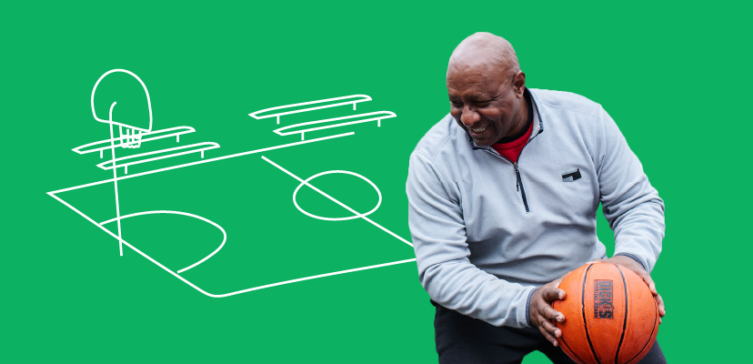 o	A man holding a basketball on a green background with an illustration of a basketball court and a brick wall with a heart in it.