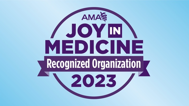 A graphic displaying the badge for AMA Joy in Medicine Recognized Organization 2023